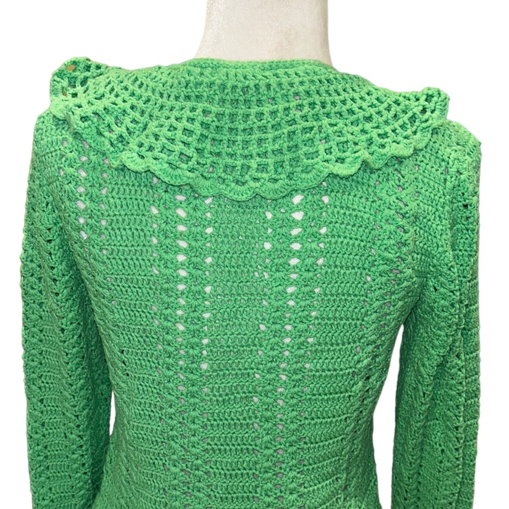 One Girl Who Anthropologie Green Crochet Ruffle Scalloped Draped Cardigan - M - Picture 7 of 12